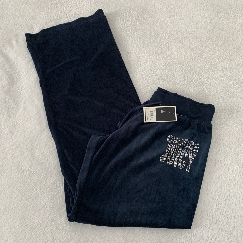 Women’s Large JUICY COUTURE Choose Juicy Navy Bling Low Rise Velour Track Pants
